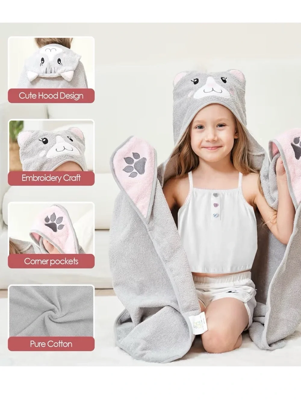 Kids Hooded Cat Towel Wrap - Gray 100% cotton